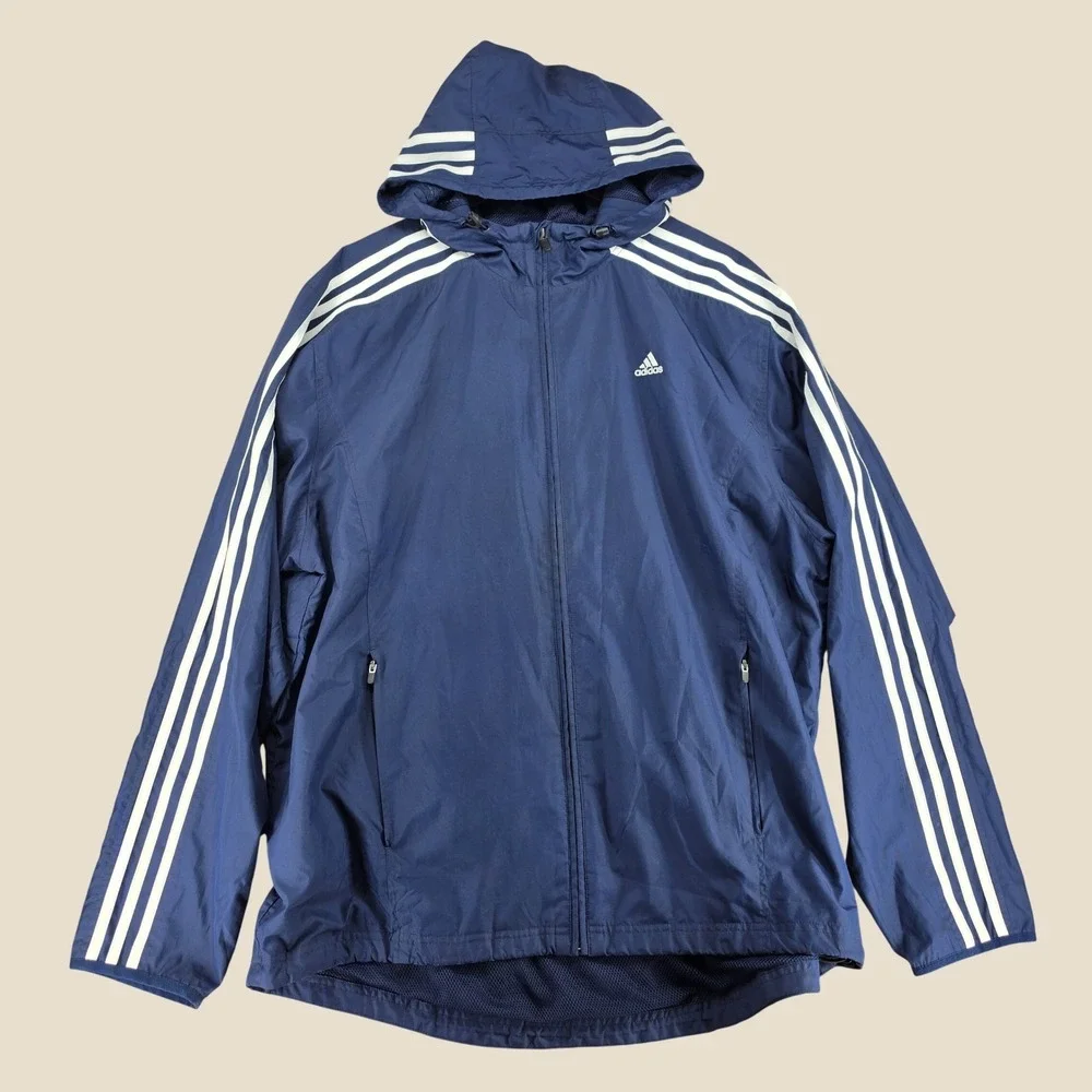 Adidas Mens Navy Blue 3-Stripe Hooded Mesh Lined Windbreaker Jacket Large 544144